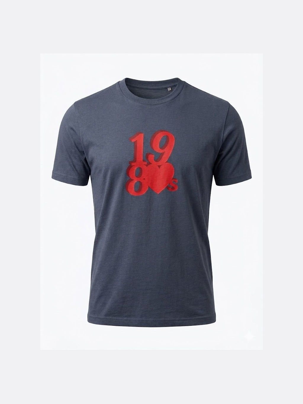 Dark gray organic cotton t-shirt with a bold red graphic featuring the numbers 1980 and a heart symbol, blending retro music style with sustainable fashion.