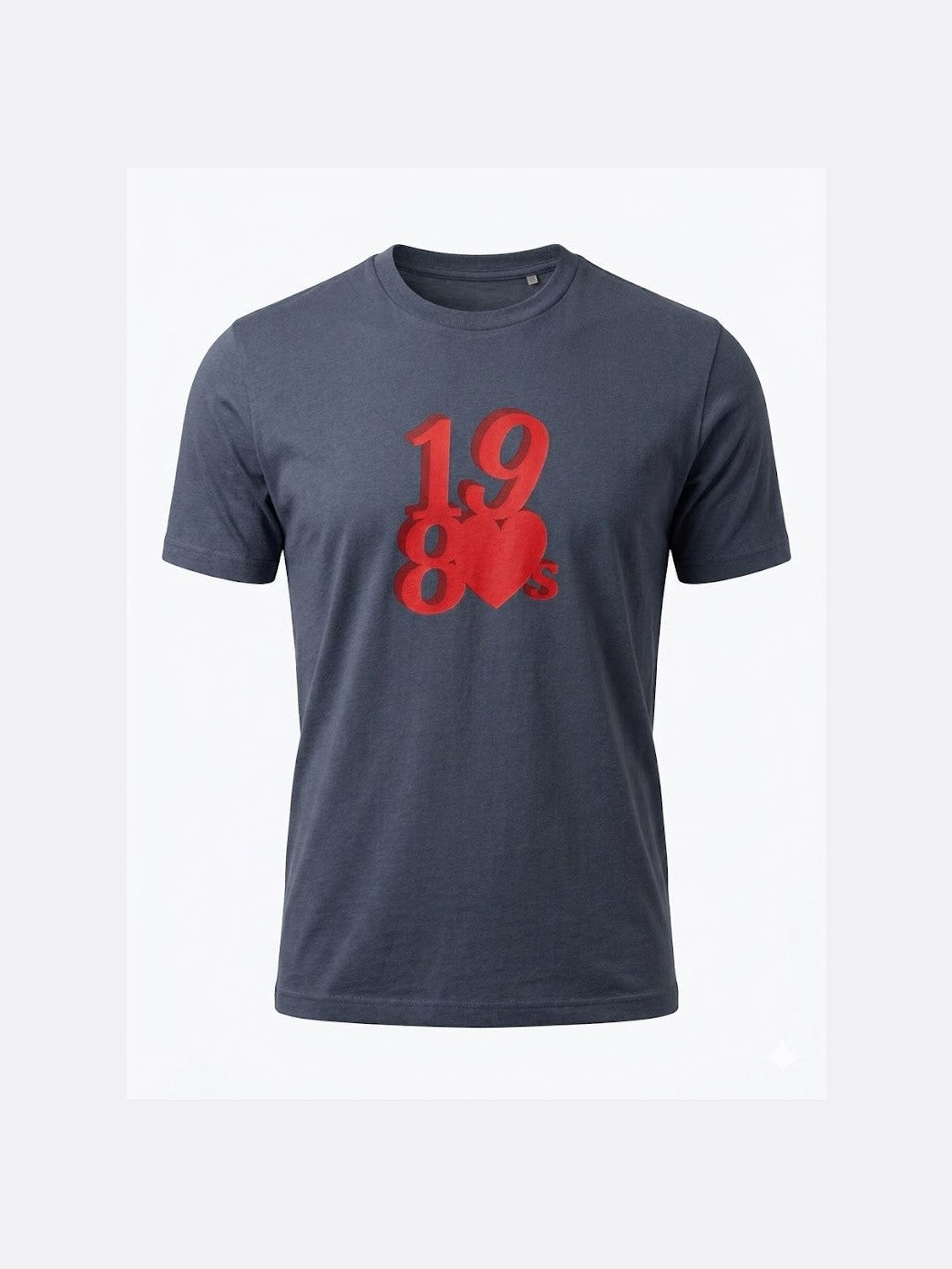 Dark gray organic cotton t-shirt with a bold red graphic featuring the numbers 1980 and a heart symbol, blending retro music style with sustainable fashion.
