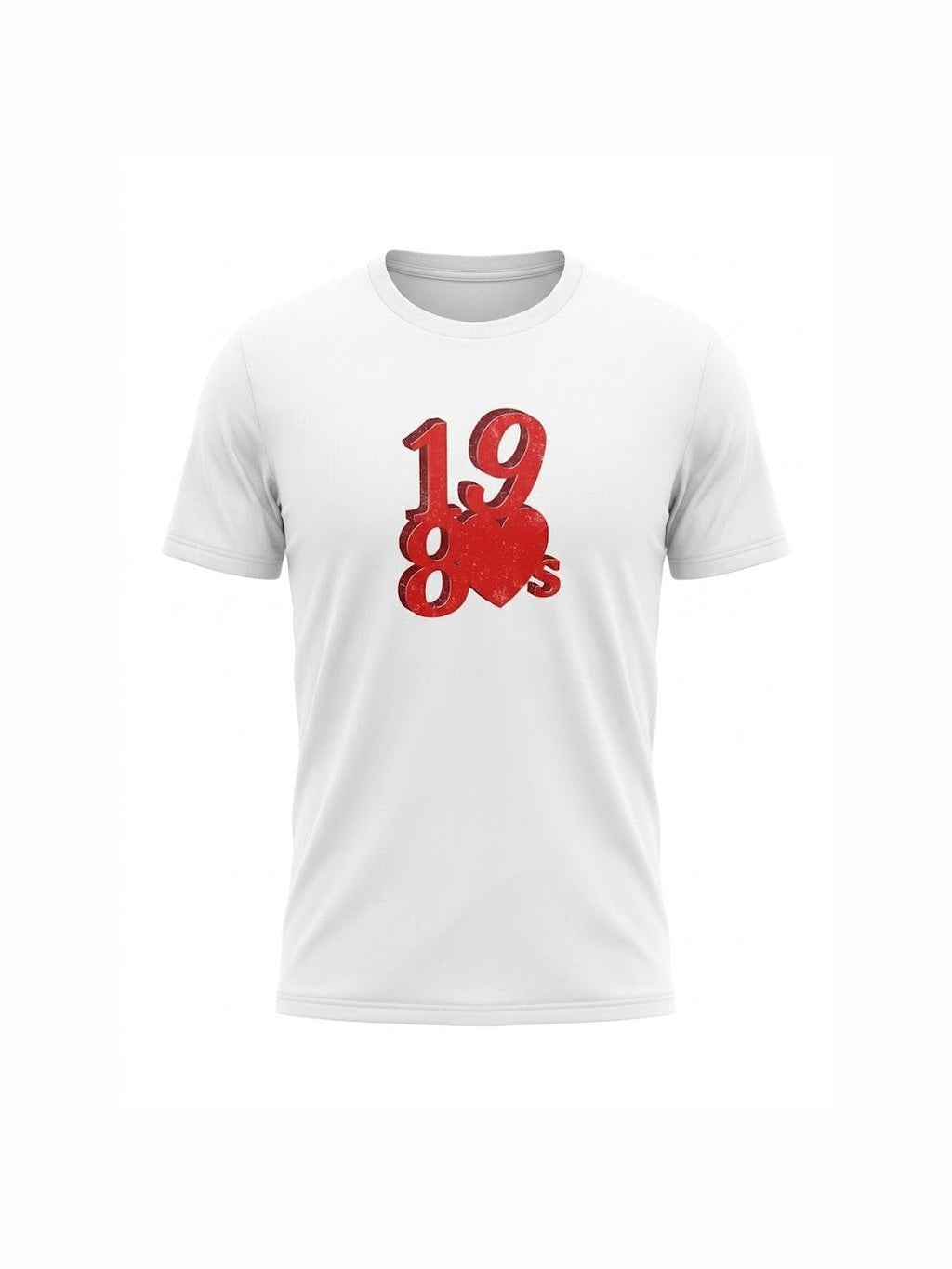White organic cotton unisex t-shirt featuring a bold red graphic inspired by 1980s music culture, perfect for retro music fans and vinyl lovers.