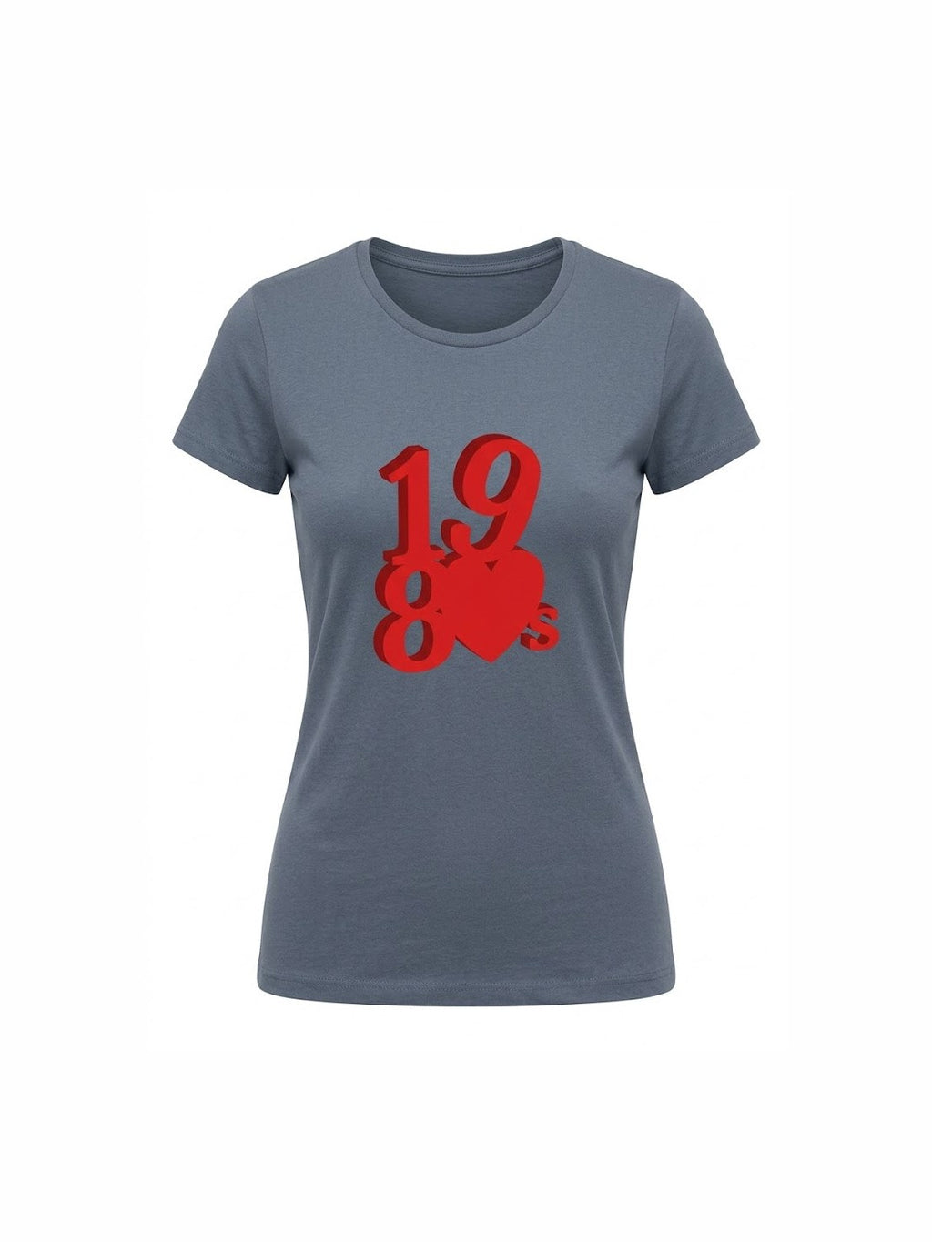 Gray organic cotton t-shirt featuring a bold red 1980s-inspired design with a heart, perfect for retro music fans and vinyl lovers.