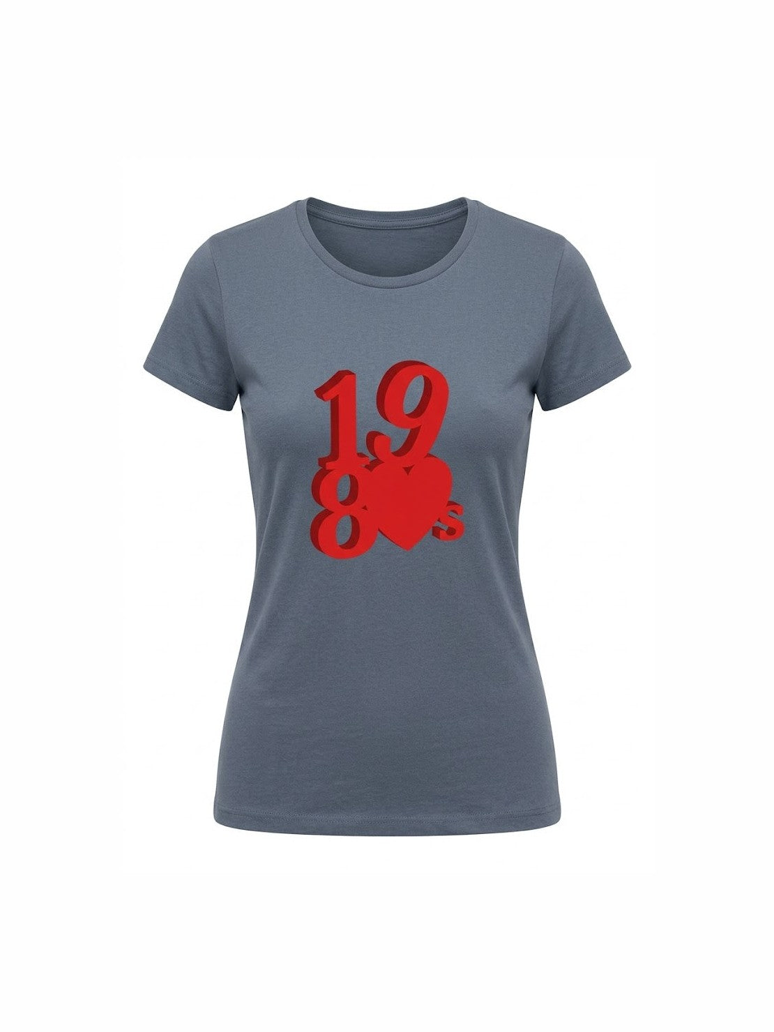Gray organic cotton t-shirt featuring a bold red 1980s-inspired design with a heart, perfect for retro music fans and vinyl lovers.