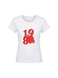White organic cotton t-shirt featuring bold red 1980s text with a heart shape, combining retro style with a music-inspired vibe for vinyl fans.