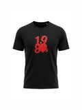 Black organic cotton t-shirt featuring a bold red 1980s-inspired design with a heart symbol, perfect for fans of retro music and vintage style.