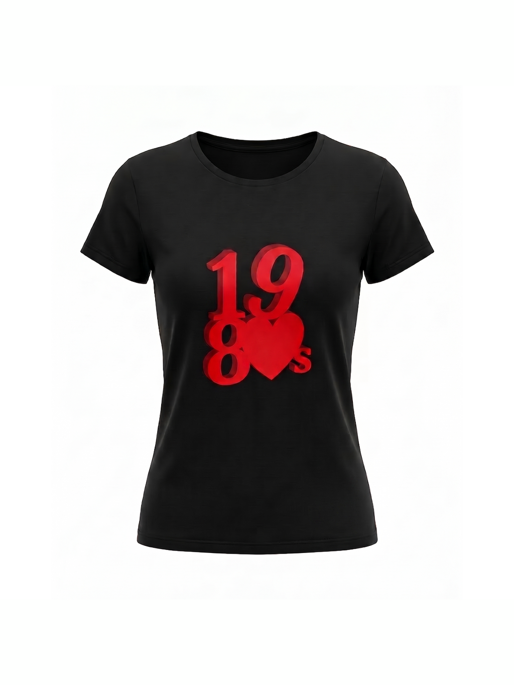 Black organic cotton women's t-shirt featuring a bold red 1980's design with a heart, perfect for fans of retro music-inspired fashion.