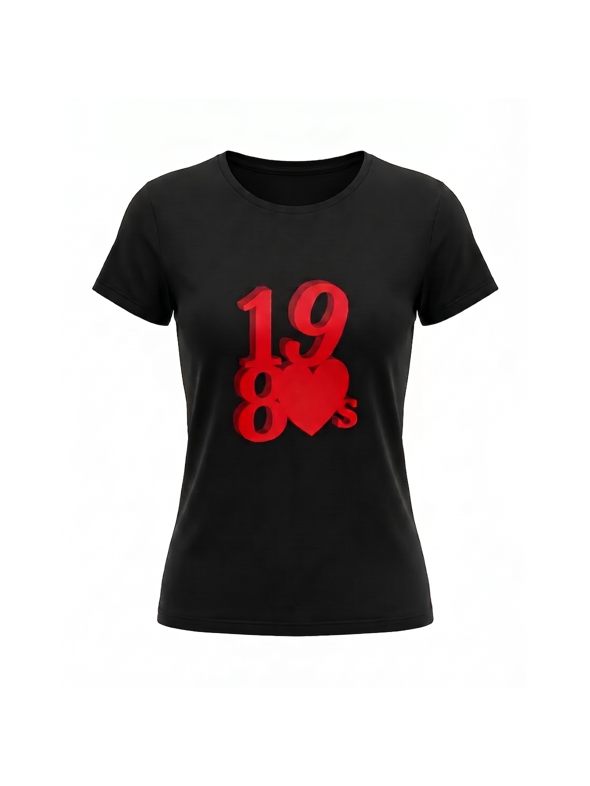 Black organic cotton women's t-shirt featuring a bold red 1980's design with a heart, perfect for fans of retro music-inspired fashion.