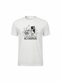 White organic cotton t-shirt featuring a playful black cartoon design of two characters with stars and music notes, perfect for music lovers and retro style fans.