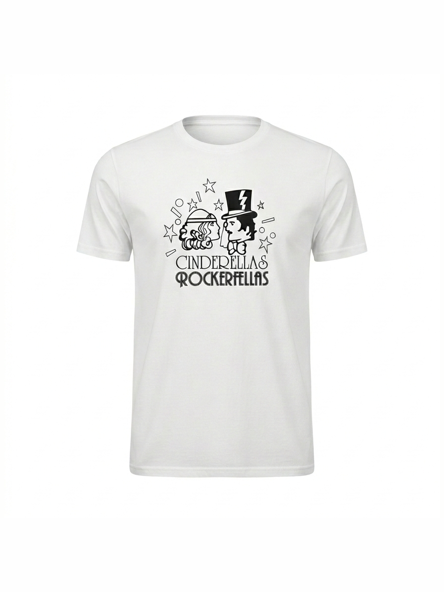 White organic cotton t-shirt featuring a playful black cartoon design of two characters with stars and music notes, perfect for music lovers and retro style fans.