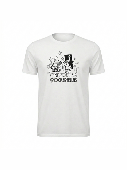 White organic cotton t-shirt featuring a playful black cartoon design of two characters with stars and music notes, perfect for music lovers and retro style fans.