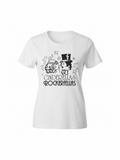 White organic cotton women’s t-shirt featuring a retro black graphic of two stylized faces with a rock-inspired design and playful text, perfect for music fans.