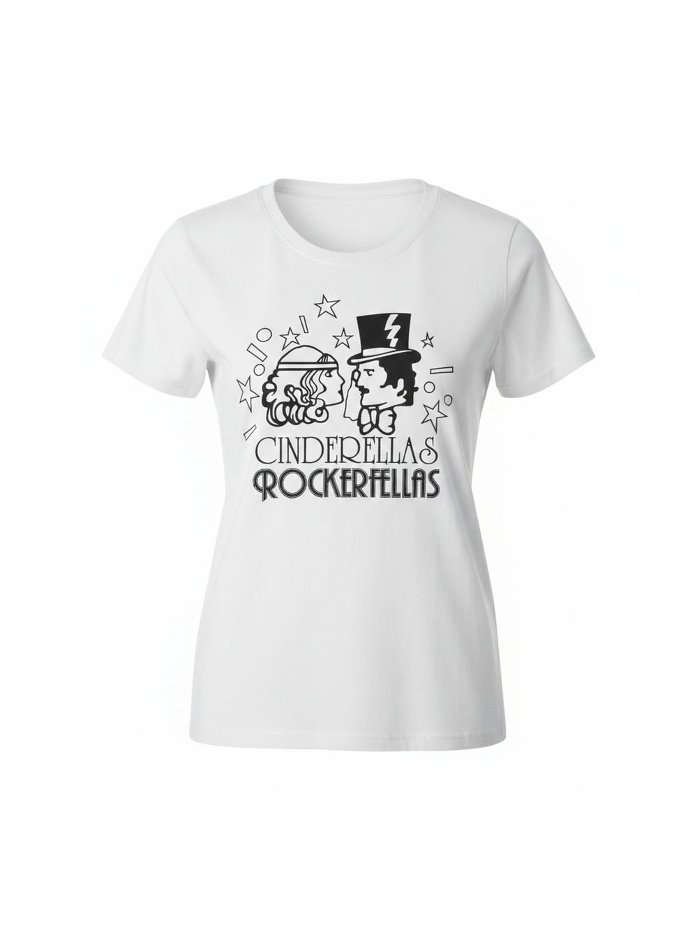 White organic cotton women’s t-shirt featuring a retro black graphic of two stylized faces with a rock-inspired design and playful text, perfect for music fans.