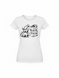 White organic cotton t-shirt featuring a playful black illustration of four rats climbing on stacked crates filled with vinyl records, perfect for music and vinyl fans.
