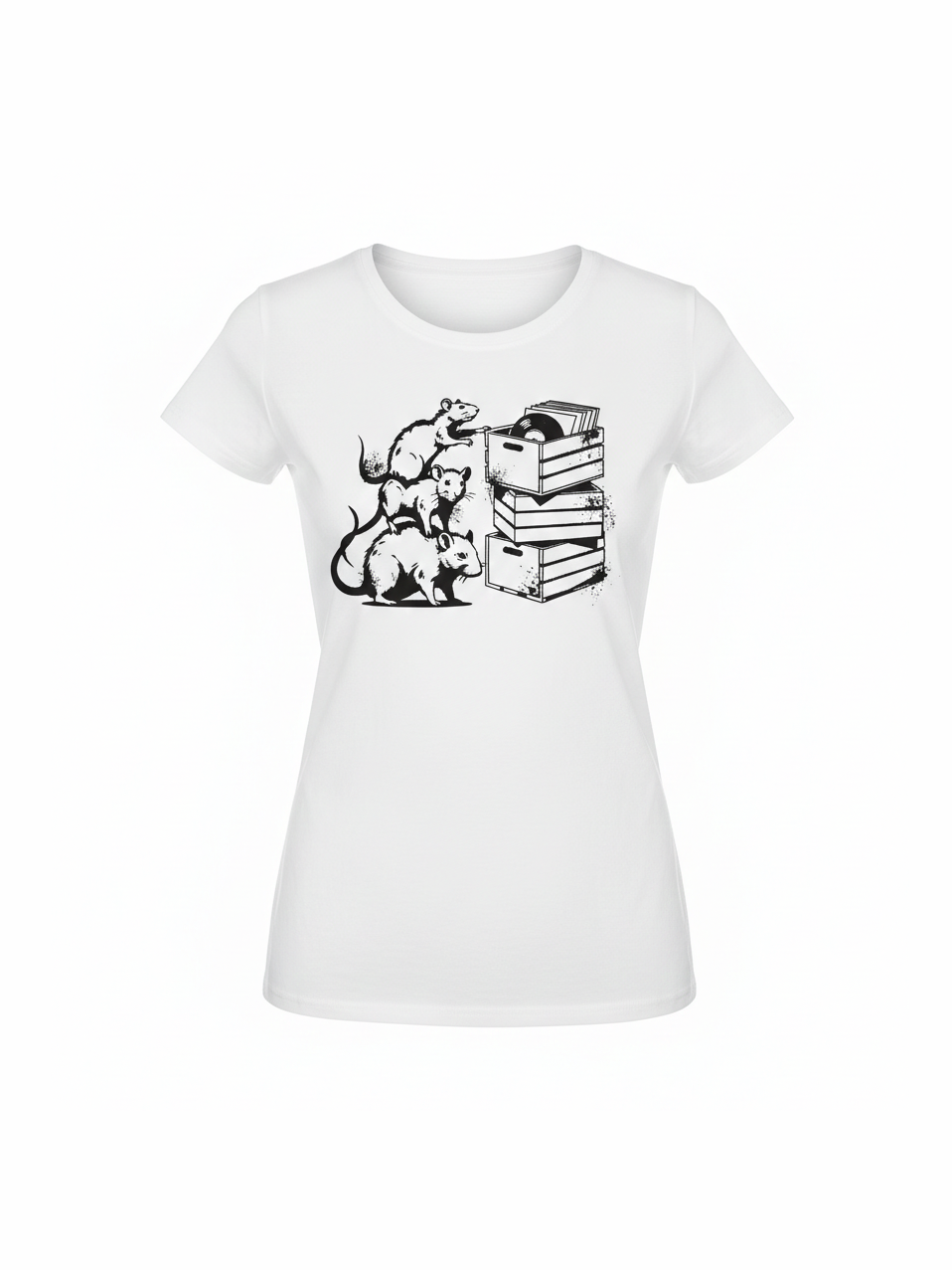 White organic cotton t-shirt featuring a playful black illustration of four rats climbing on stacked crates filled with vinyl records, perfect for music and vinyl fans.