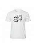 White organic cotton t-shirt featuring a playful black and white illustration of four rats interacting with a stack of vinyl record crates, perfect for music lovers.