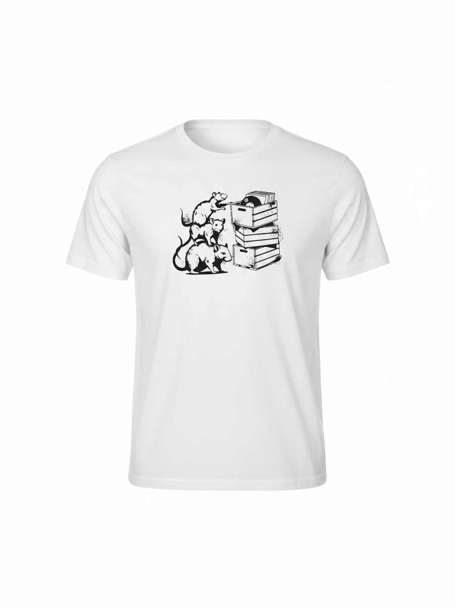 White organic cotton t-shirt featuring a playful black and white illustration of four rats interacting with a stack of vinyl record crates, perfect for music lovers.