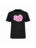 Black organic cotton t-shirt featuring a bright pink neon-style "Ritzy" logo, perfect for music lovers who enjoy stylish and eco-friendly apparel.