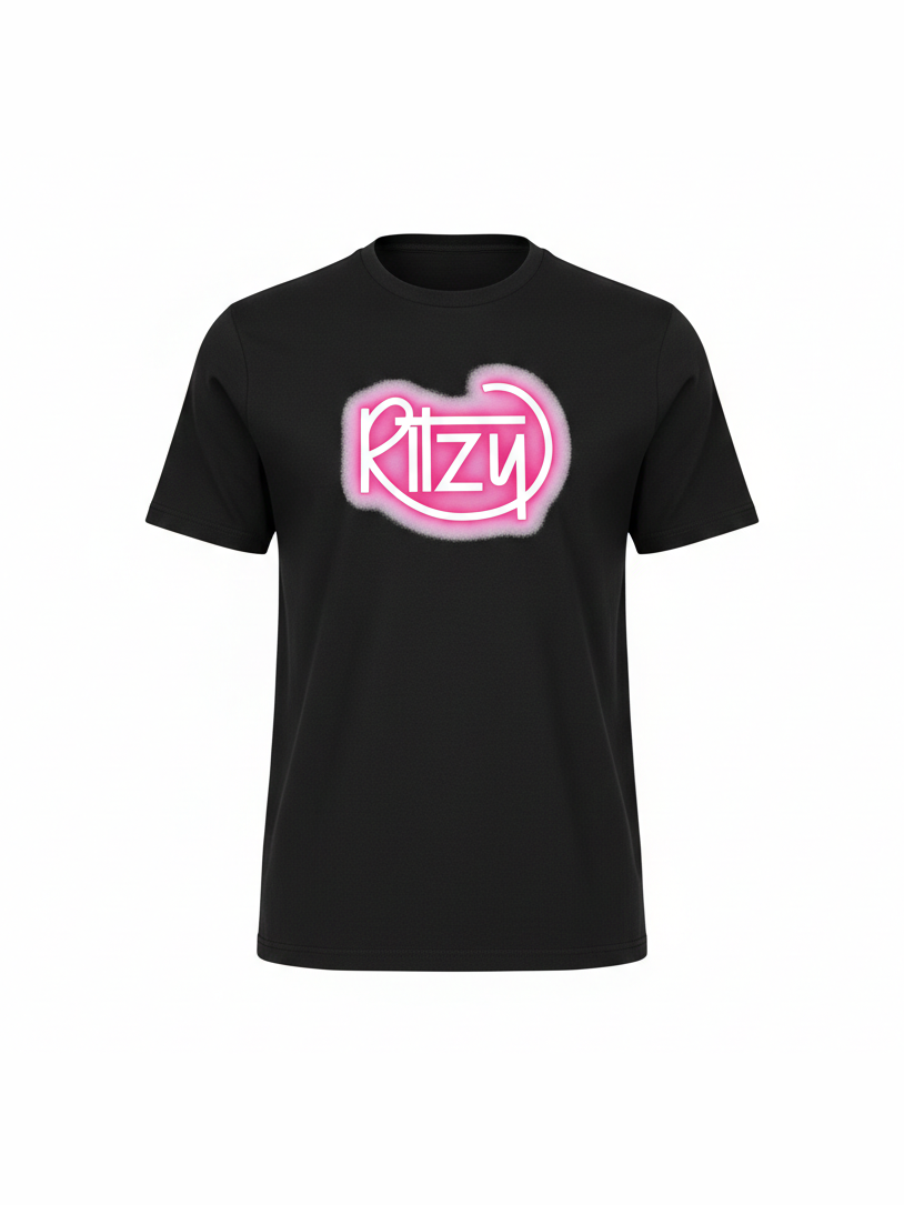 Black organic cotton t-shirt featuring a bright pink neon-style "Ritzy" logo, perfect for music lovers who enjoy stylish and eco-friendly apparel.