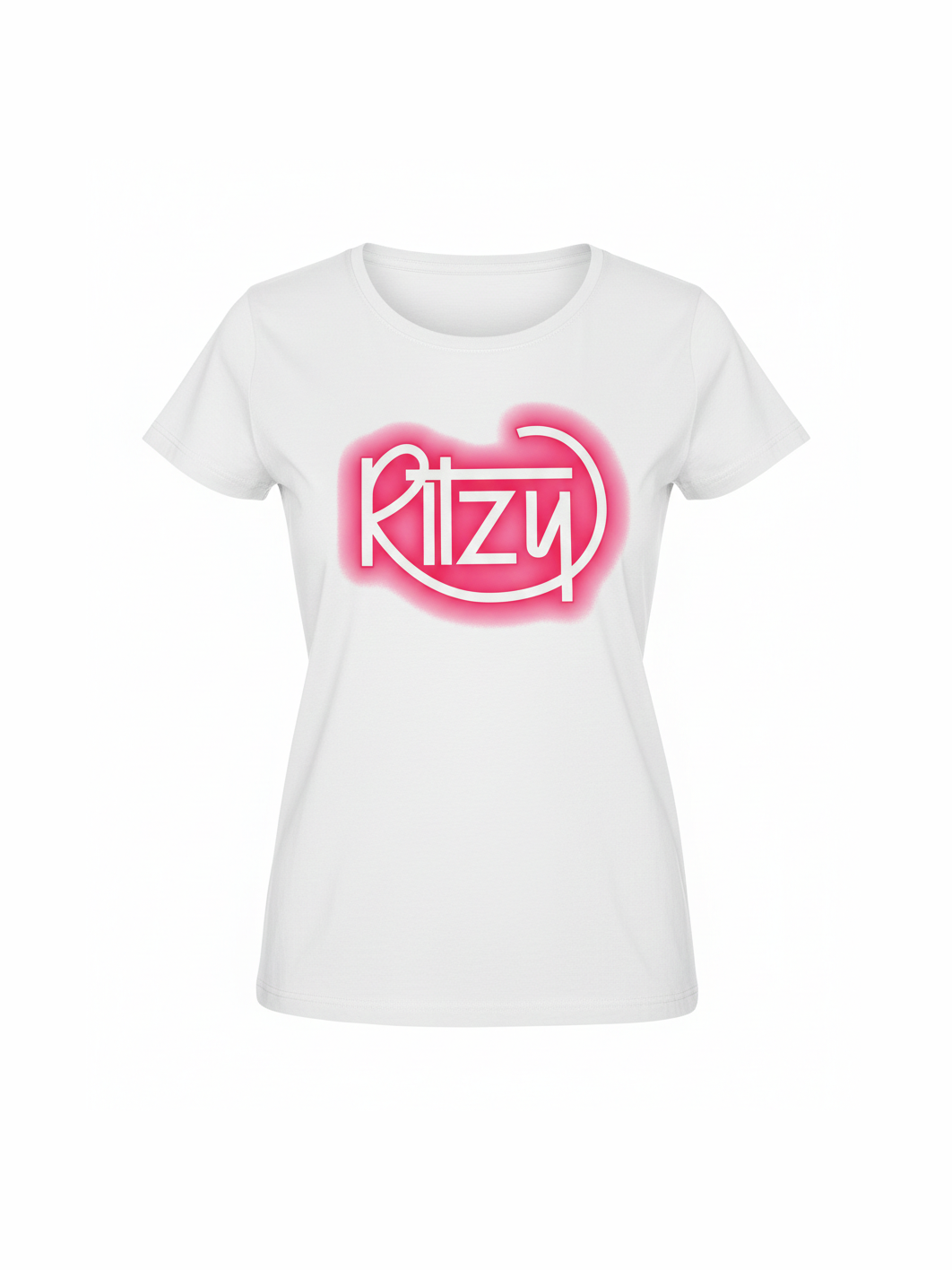 White organic cotton t-shirt featuring a vibrant pink retro-style "Ritzy" logo, designed for music lovers who appreciate eco-friendly, stylish band t-shirts.
