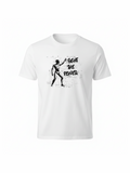 White unisex t-shirt featuring a black graffiti-style graphic of a figure holding a spray can with the words "Fight the Power" against a brick wall background, perfect for music fans.