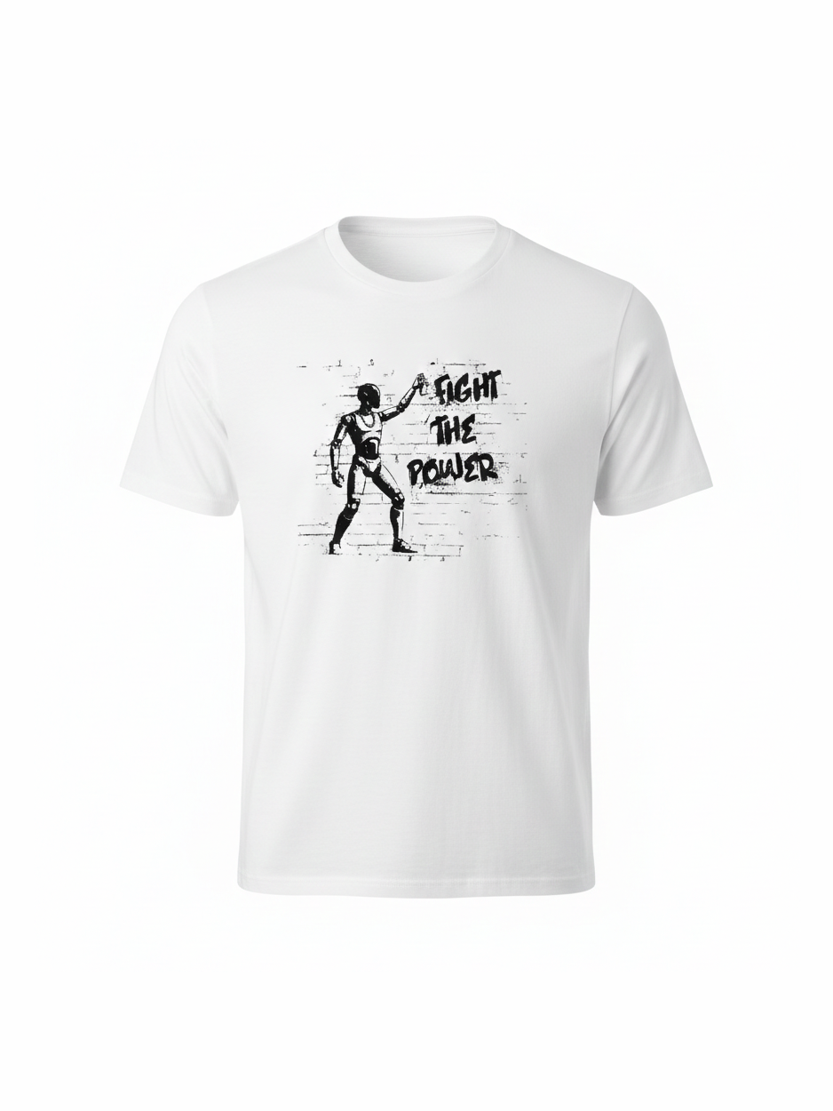 White unisex t-shirt featuring a black graffiti-style graphic of a figure holding a spray can with the words "Fight the Power" against a brick wall background, perfect for music fans.