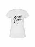 White woman’s t-shirt featuring a black graffiti-style robot and the bold phrase "Fight the Power" for music fans and vinyl lovers.