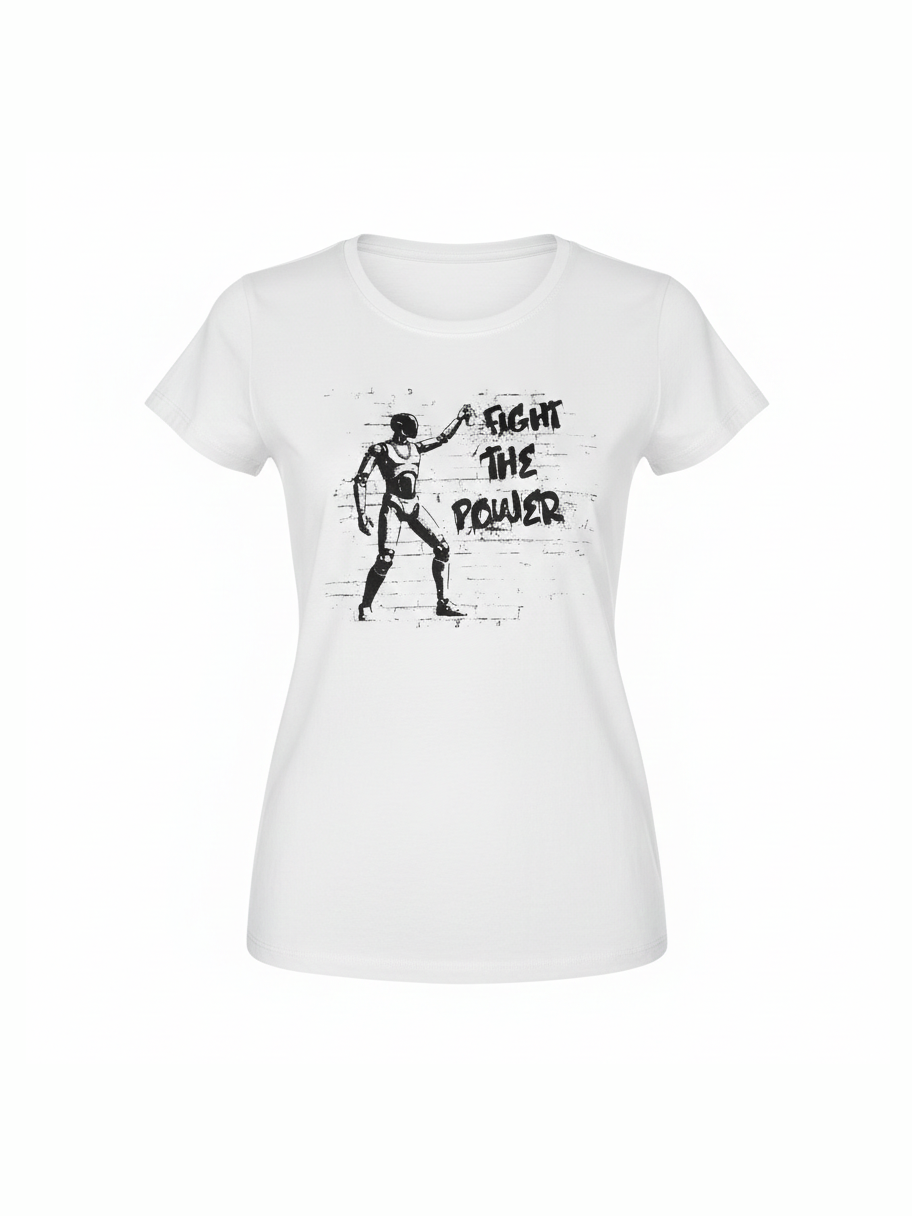 White woman’s t-shirt featuring a black graffiti-style robot and the bold phrase "Fight the Power" for music fans and vinyl lovers.