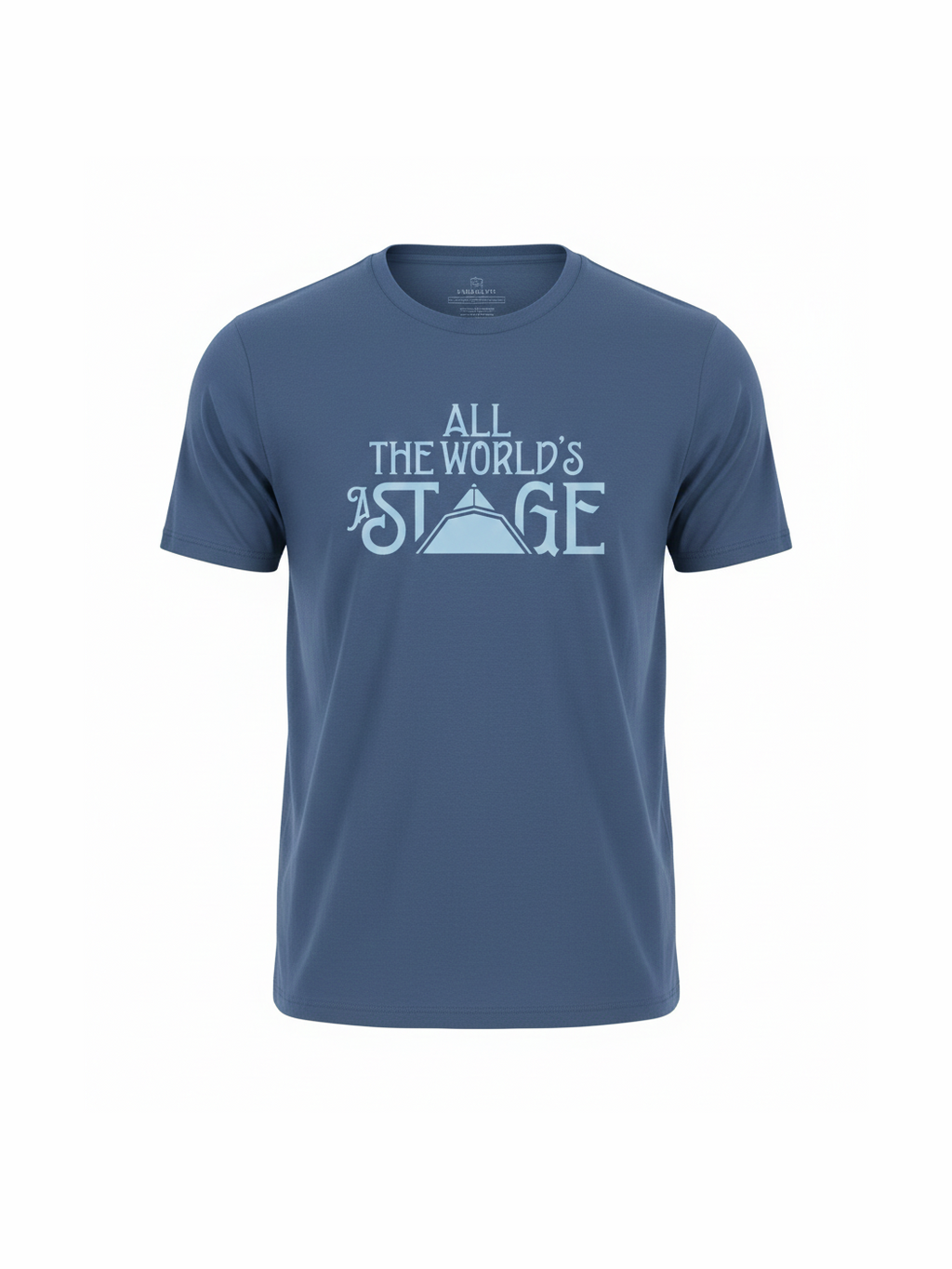 Blue unisex festival t-shirt made from soft organic cotton featuring the phrase "All the world’s a stage" with a simple stage graphic, perfect for music lovers.