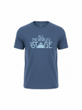 Blue unisex festival t-shirt made from soft organic cotton featuring the phrase "All the world’s a stage" with a simple stage graphic, perfect for music lovers.