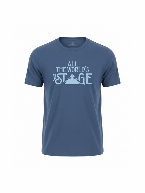 Blue unisex festival t-shirt made from soft organic cotton featuring the phrase "All the world’s a stage" with a simple stage graphic, perfect for music lovers.
