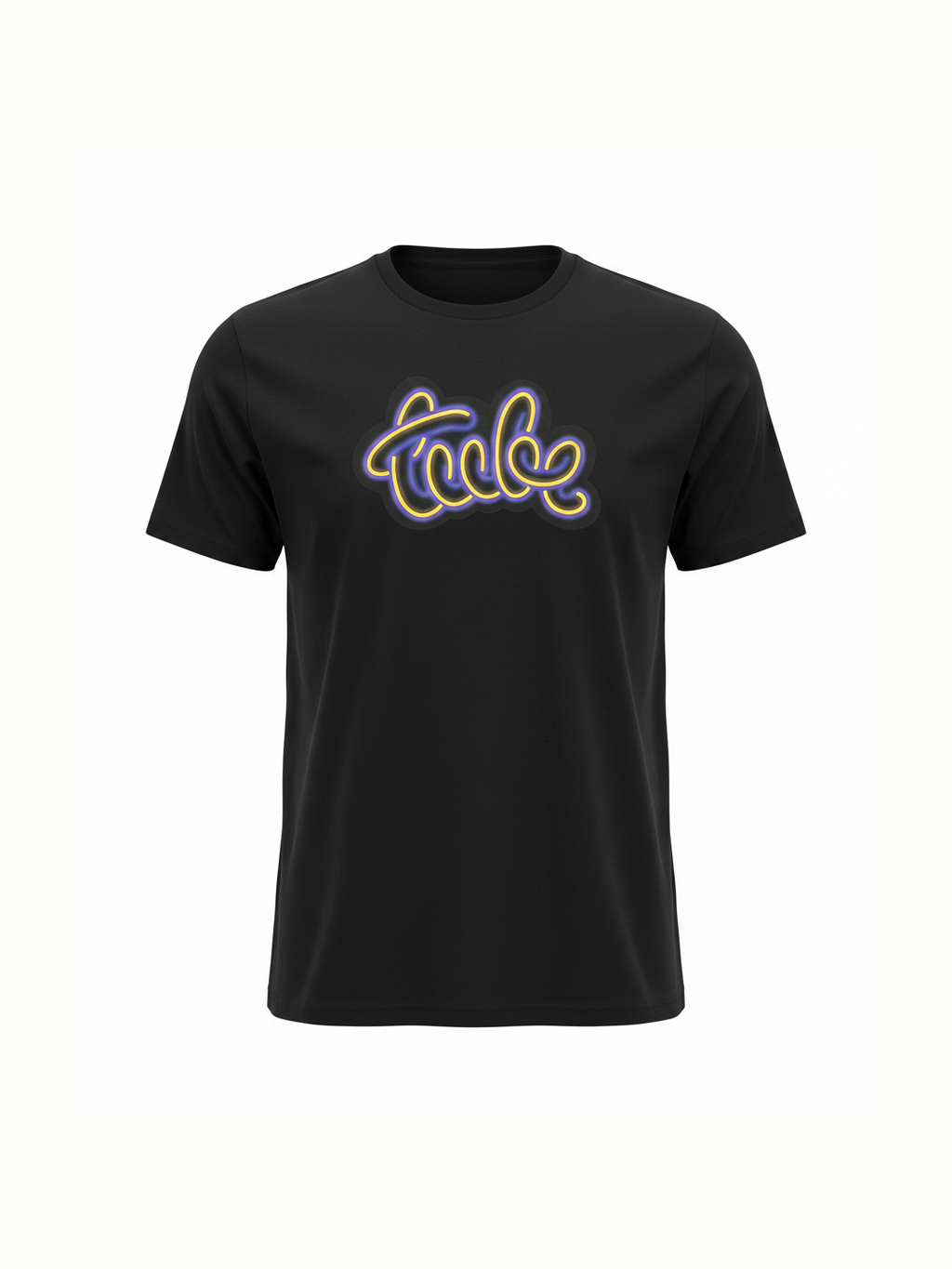 Black unisex organic cotton t-shirt featuring a glowing retro-inspired tube design, perfect for music fans who love unique and eco-friendly band t-shirts.