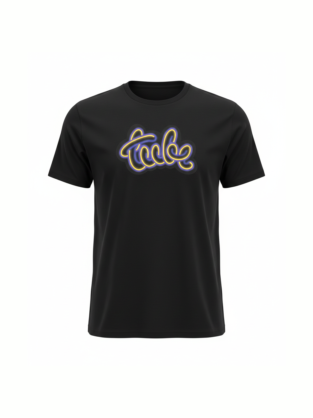 Black unisex organic cotton t-shirt featuring a glowing retro-inspired tube design, perfect for music fans who love unique and eco-friendly band t-shirts.