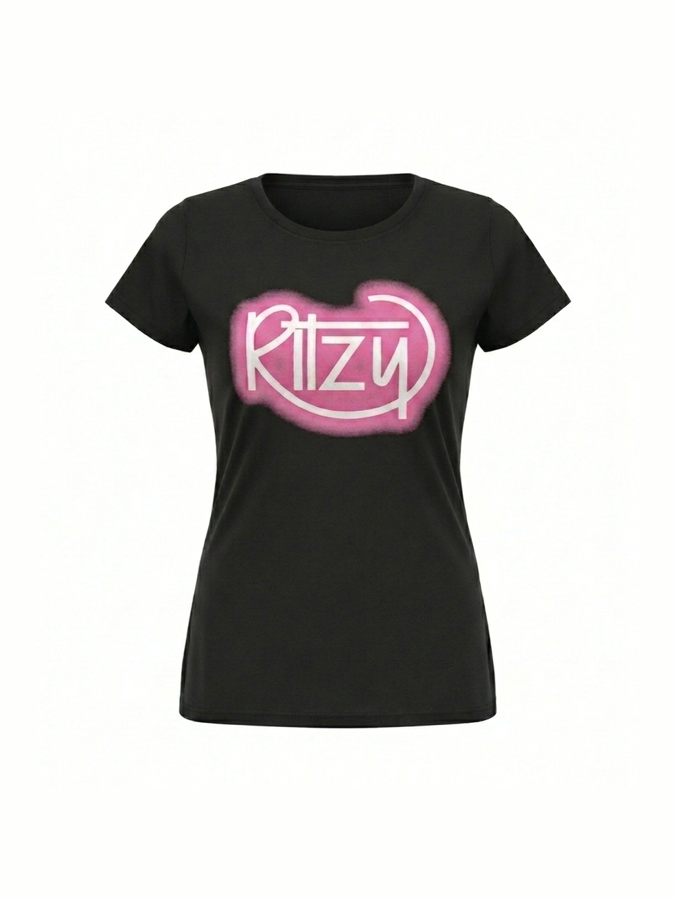 Black organic cotton t-shirt featuring a vibrant retro-style pink graphic with the word "Ritzy," perfect for music fans who love stylish, eco-friendly apparel.