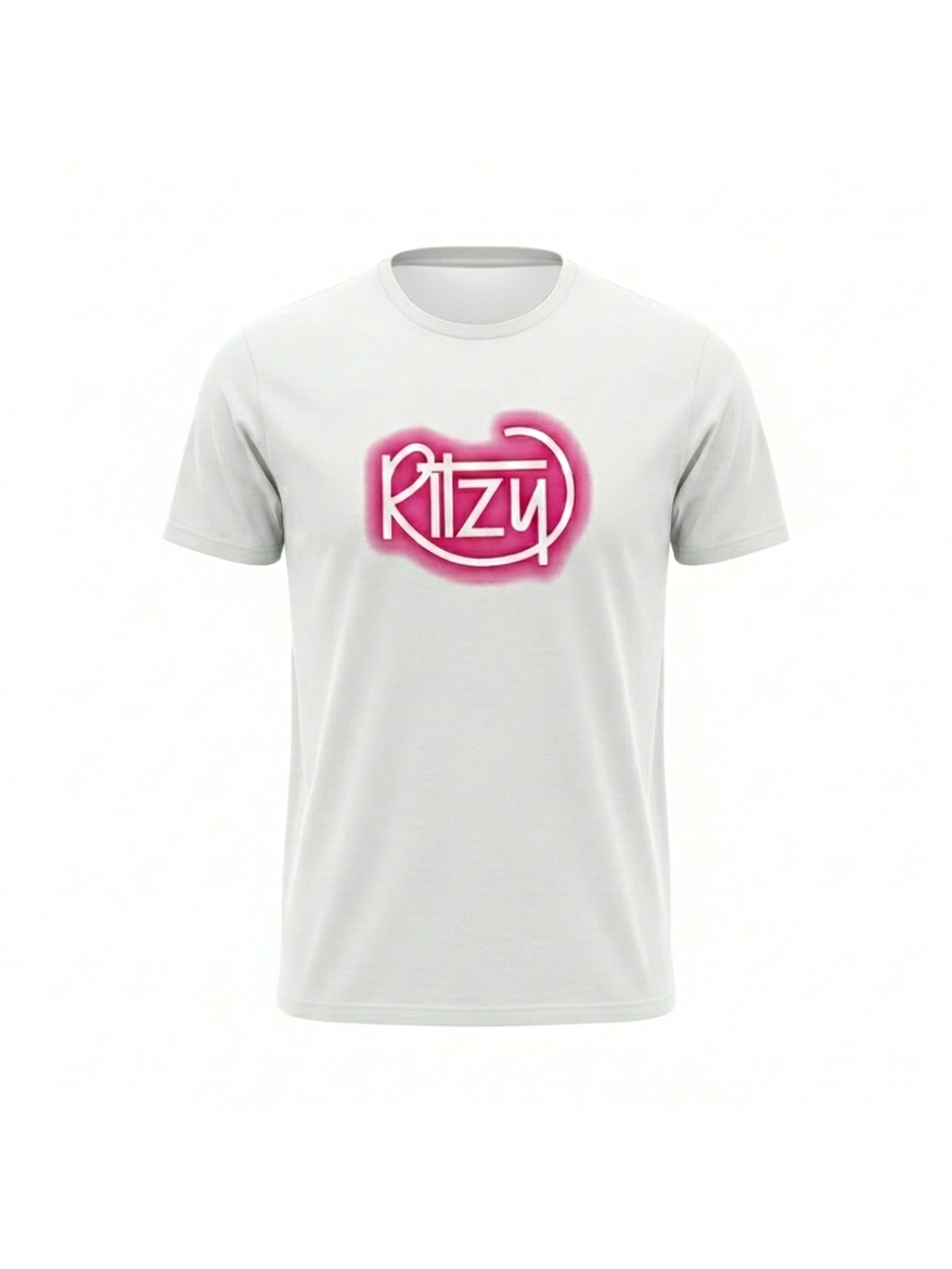 White organic cotton t-shirt with a retro-inspired pink and white Ritzy logo, perfect for music lovers seeking stylish, eco-friendly apparel.