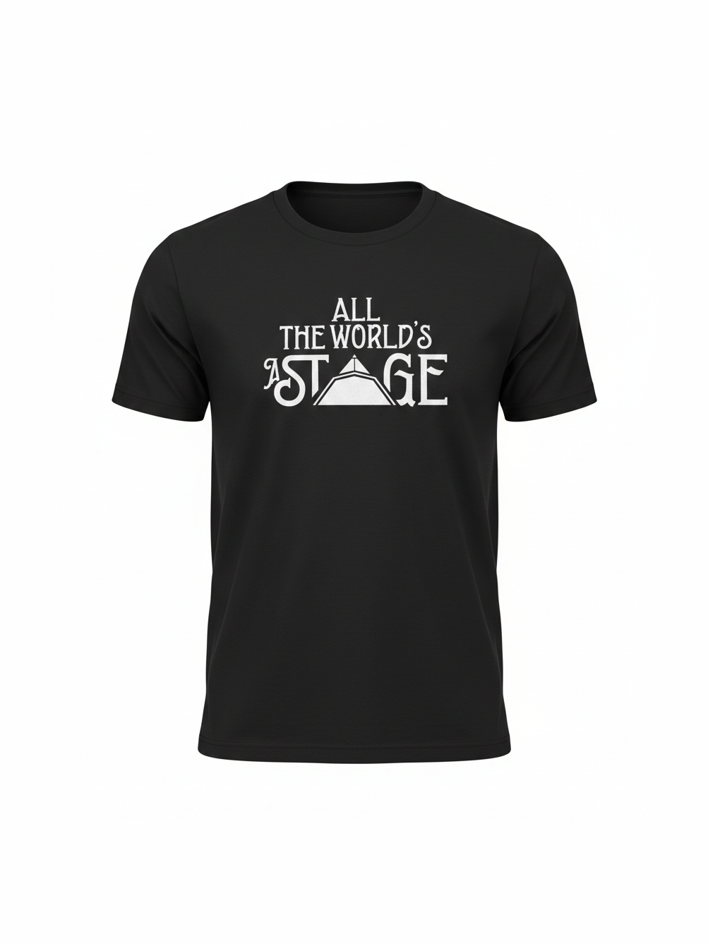 Black organic cotton music t-shirt with a creative "All the world's a stage" design, perfect for fans who love retro band t-shirts and festival vibes.