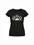 Black organic cotton music t-shirt with white text reading "All the world's a stage," designed for music fans and festival lovers.