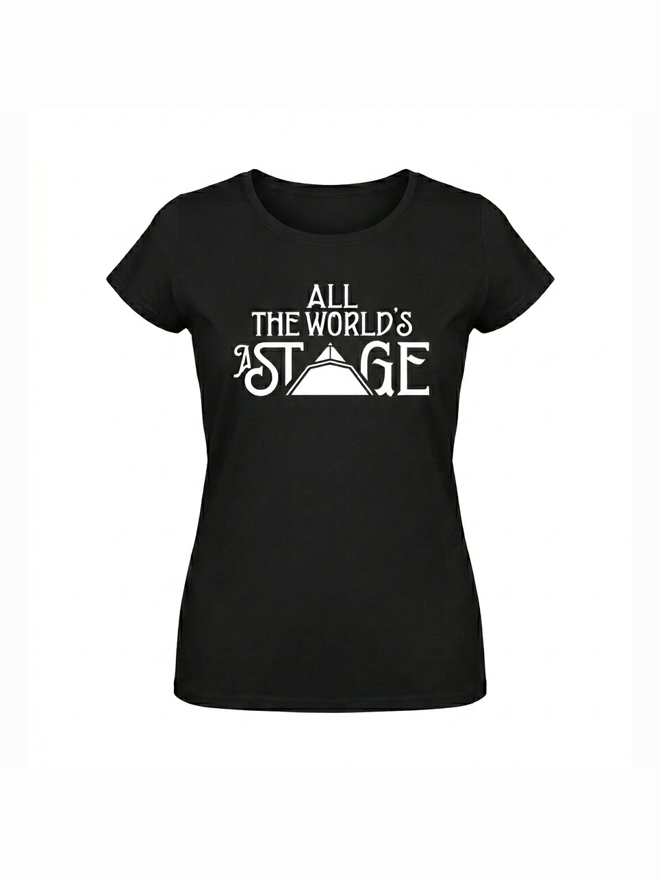 Black organic cotton music t-shirt with white text reading "All the world's a stage," designed for music fans and festival lovers.