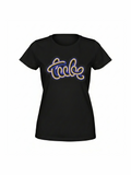 Black women's t-shirt featuring a vibrant, glowing script design that resembles neon lights, perfect for music and retro t-shirt fans.