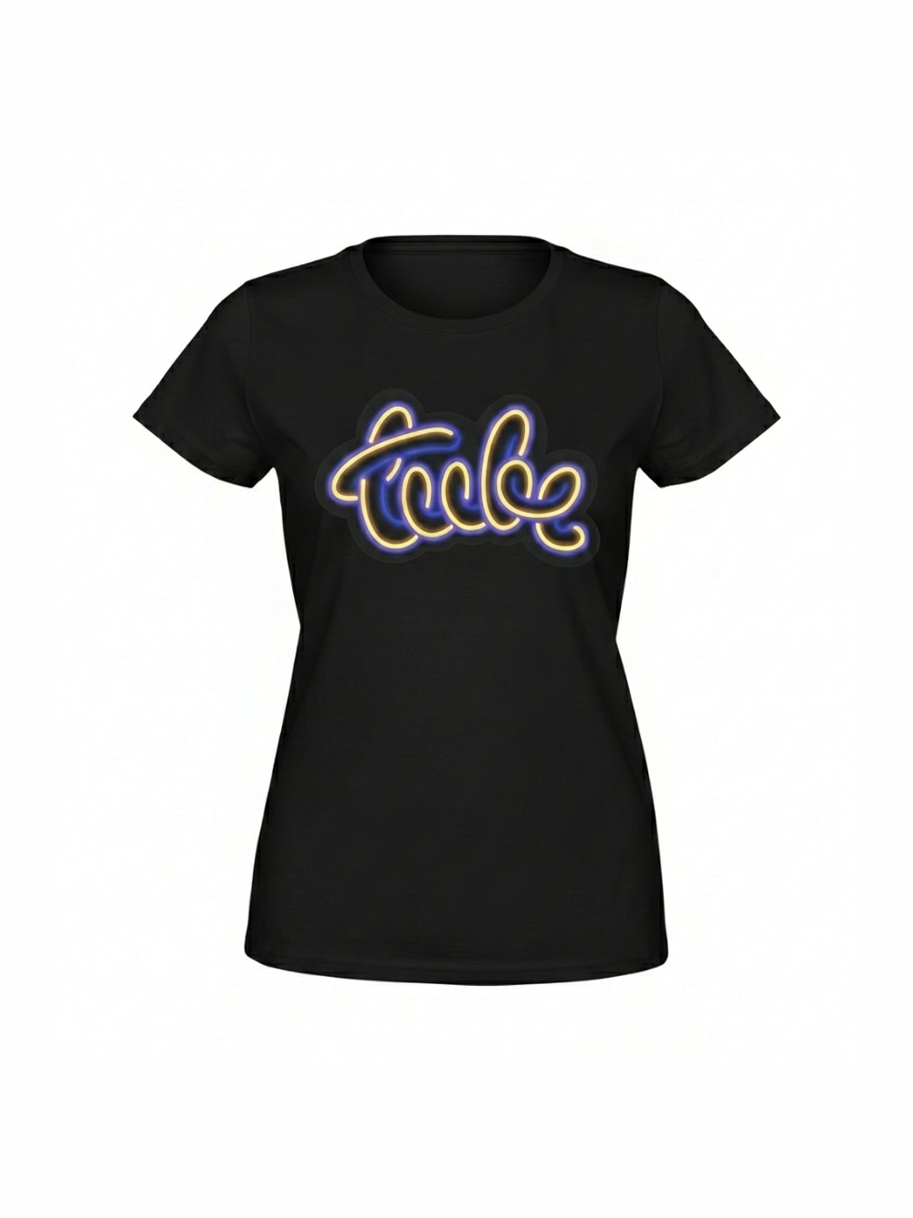 Black women's t-shirt featuring a vibrant, glowing script design that resembles neon lights, perfect for music and retro t-shirt fans.