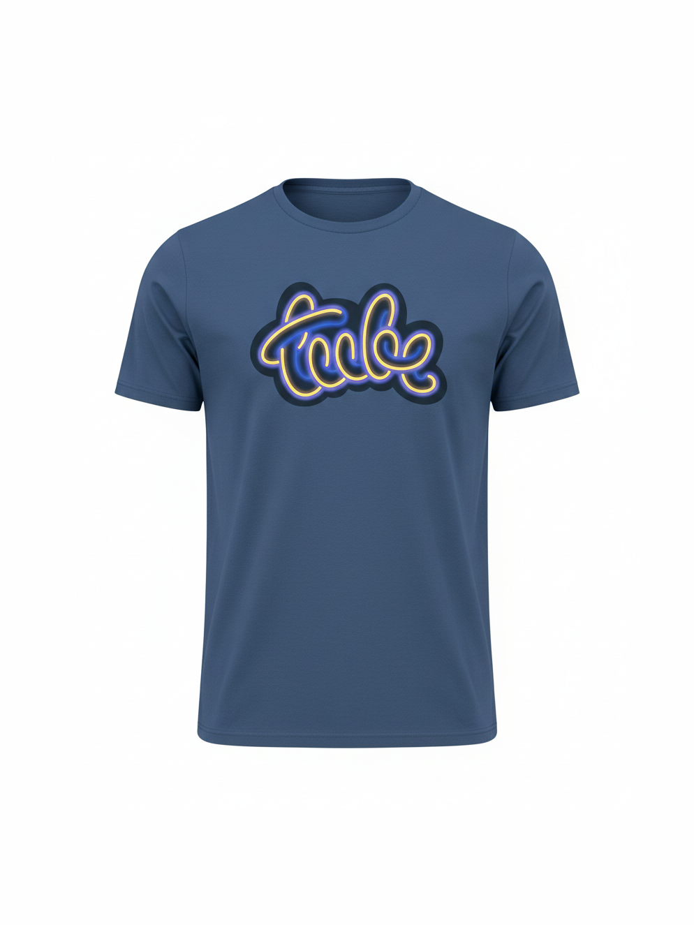 Blue unisex t-shirt featuring a retro-inspired script design with glowing neon effect, crafted from organic cotton for music fans who love unique, eco-friendly styles.