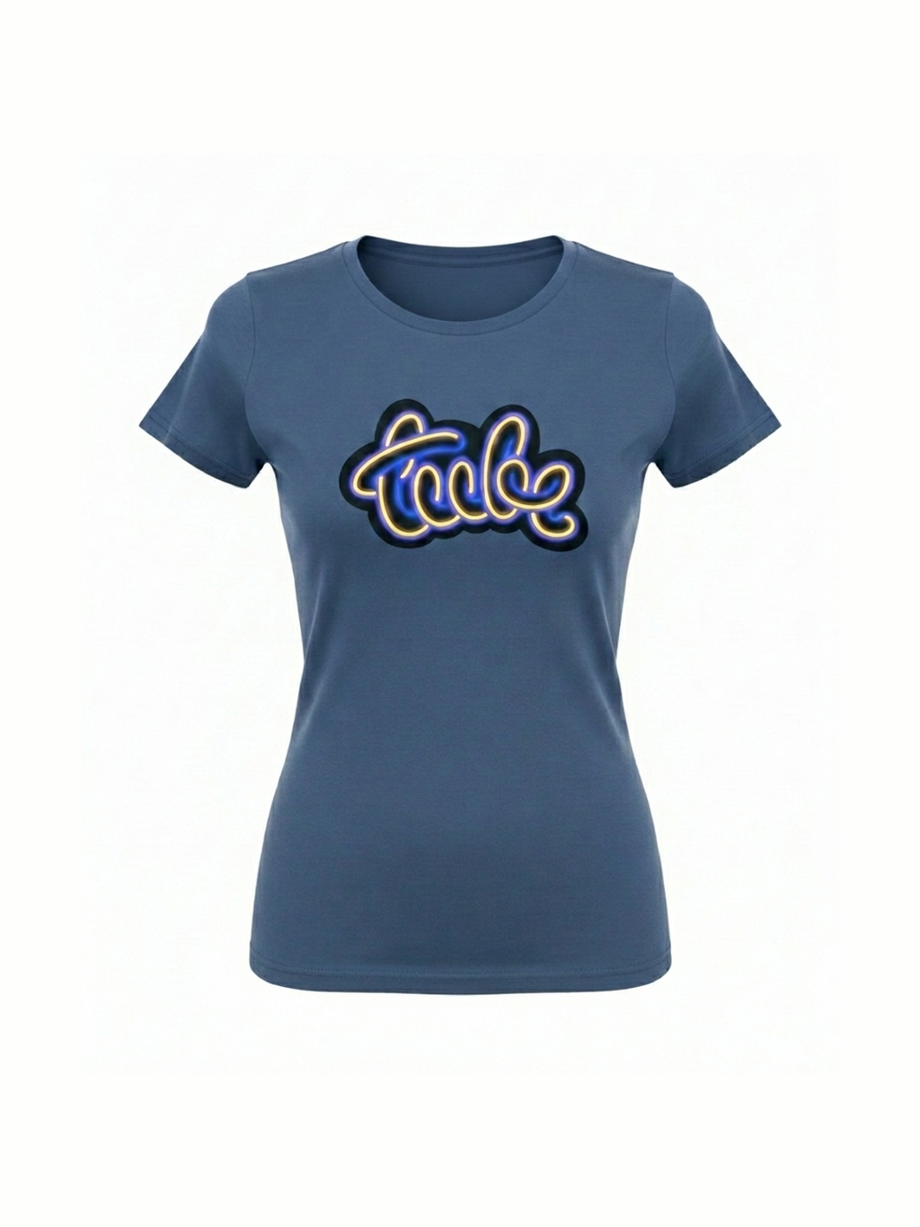 Blue organic cotton t-shirt for women featuring a retro-inspired neon style graphic design, perfect for music lovers and fans of unique band t-shirts.