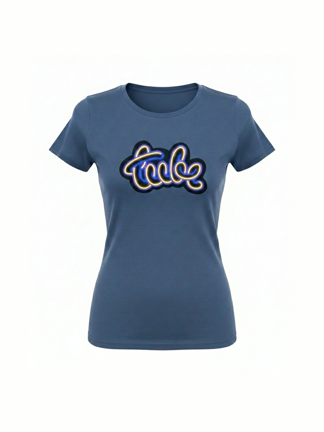 Blue organic cotton t-shirt for women featuring a retro-inspired neon style graphic design, perfect for music lovers and fans of unique band t-shirts.