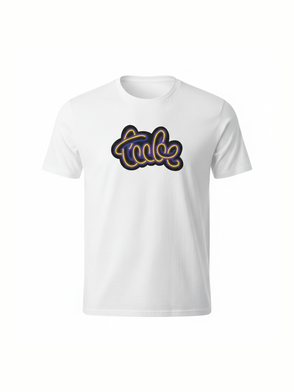 White organic cotton t-shirt featuring a bold, retro-inspired graphic design in vibrant colors, perfect for music fans and vinyl lovers seeking stylish casual wear.