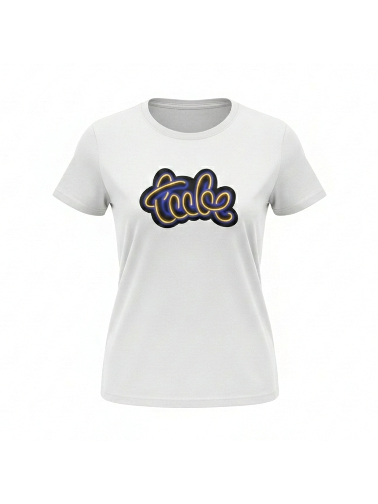 White organic cotton t-shirt for women featuring a bold, retro-inspired music graphic with a vibrant, playful design perfect for vinyl and music lovers.