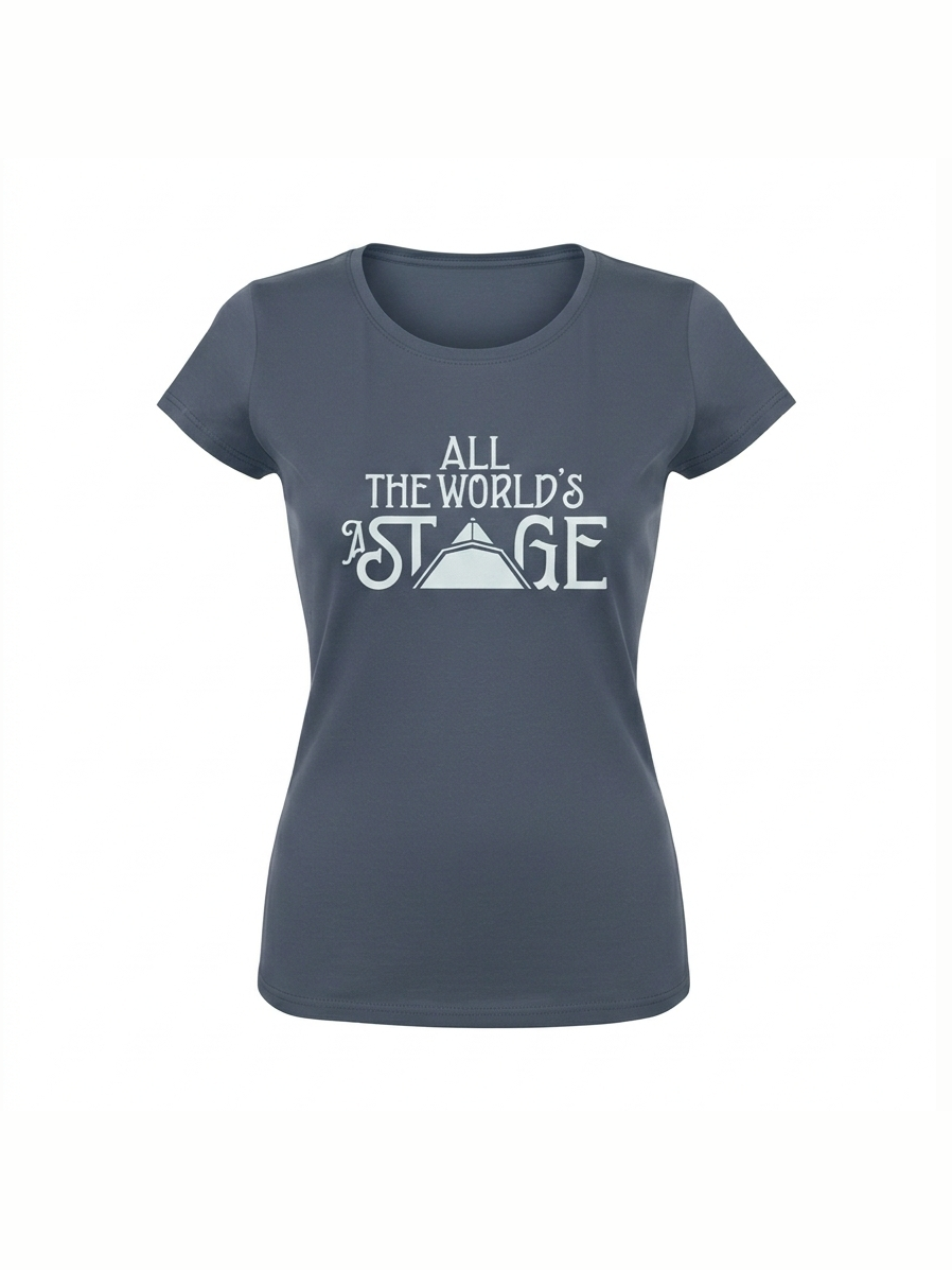 Dark gray organic cotton t-shirt featuring a music-inspired “All the world's a stage” graphic, perfect for festival lovers and vinyl fans.