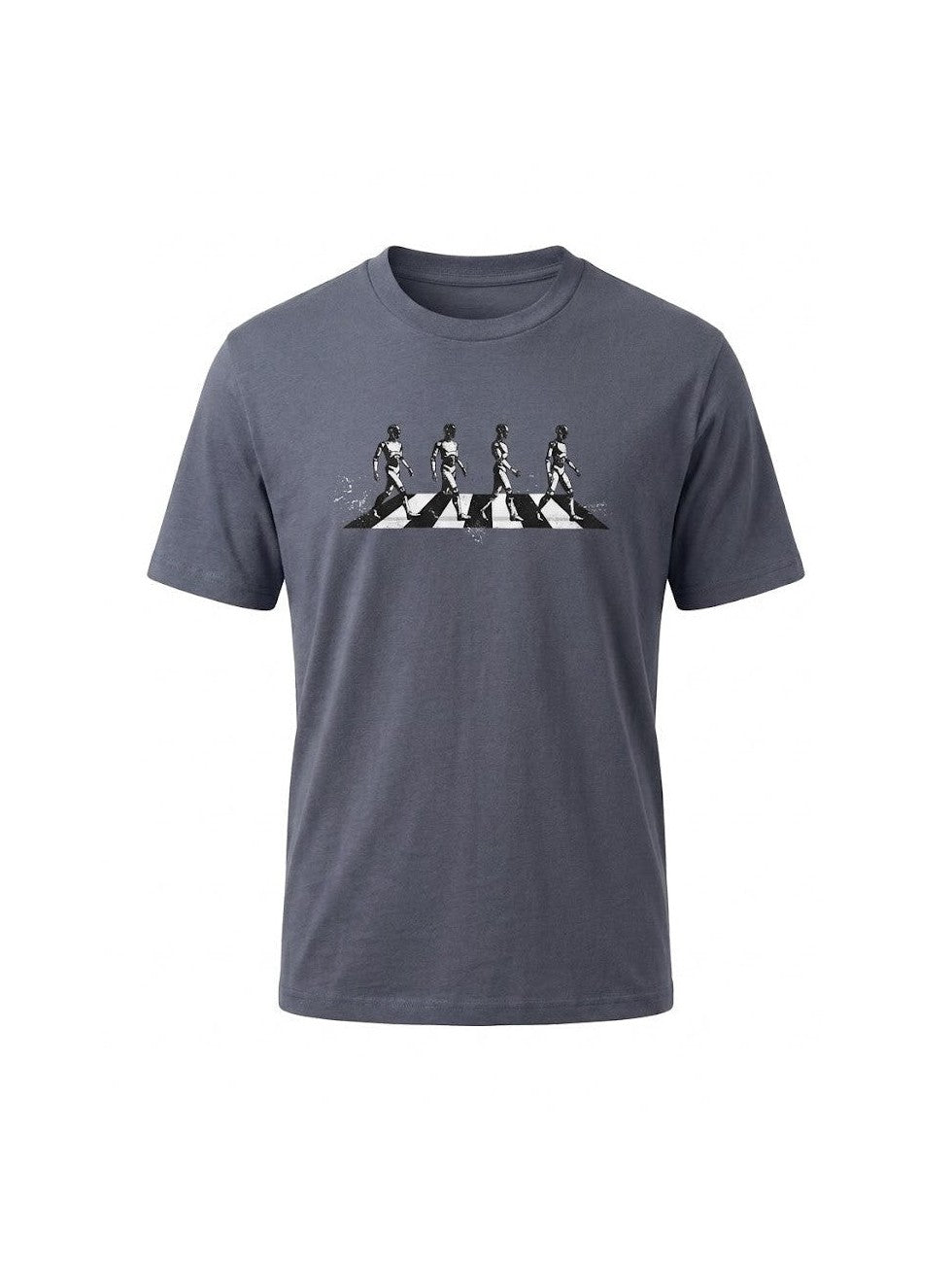 Dark grey organic cotton t-shirt featuring a creative take on the classic Abbey Road crossing with four figures in a retro style, perfect for music fans.