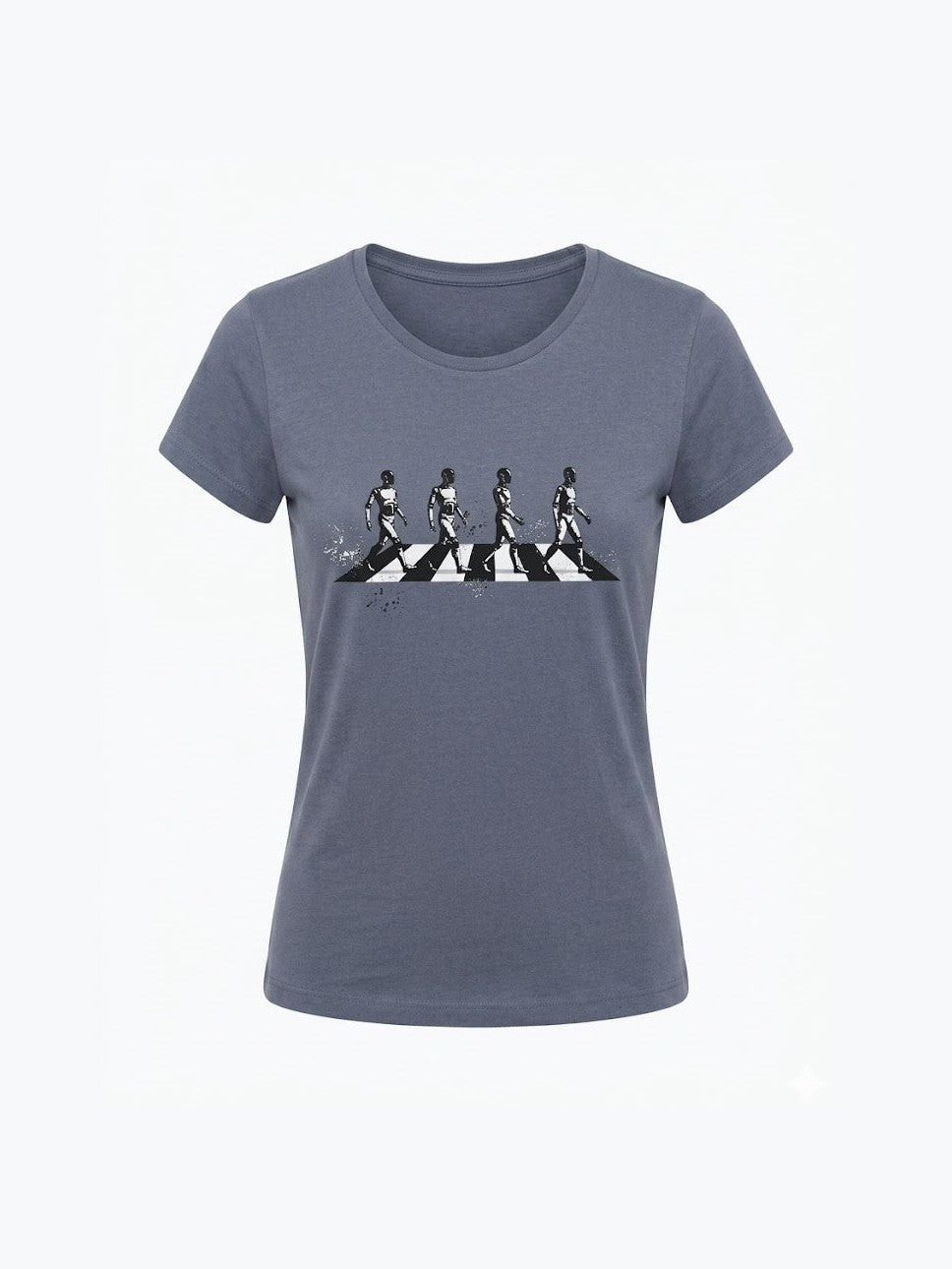 Soft organic cotton t-shirt in muted blue featuring a creative black and white design inspired by the iconic Abbey Road album cover, perfect for music and band t-shirt fans.