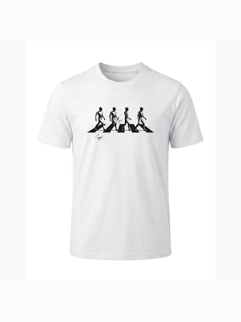White organic cotton t-shirt featuring a minimalist black illustration inspired by a famous music album cover, perfect for vinyl lovers and band t-shirt fans.