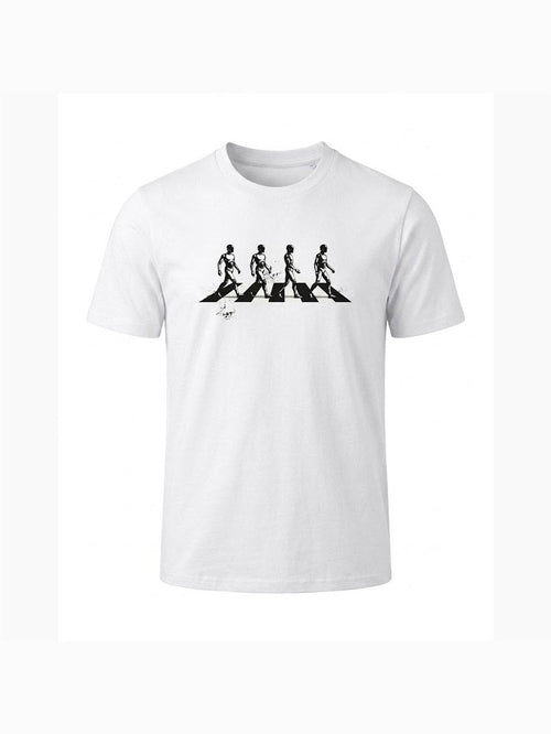 White organic cotton t-shirt featuring a minimalist black illustration inspired by a famous music album cover, perfect for vinyl lovers and band t-shirt fans.