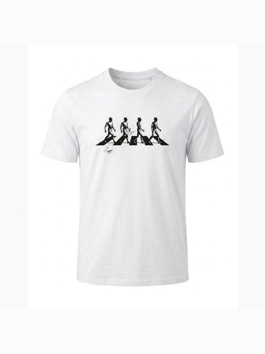 Unisex Abbey Road Bots white graphic tee on organic cotton | Vinyl Coffee UK