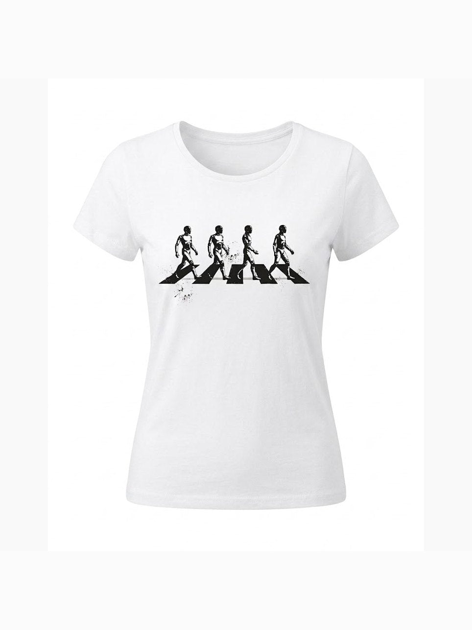 White organic cotton t-shirt featuring a black retro music-inspired graphic of four figures crossing a stylized zebra crossing, perfect for vinyl lovers.