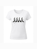White organic cotton t-shirt featuring a black retro music-inspired graphic of four figures crossing a stylized zebra crossing, perfect for vinyl lovers.